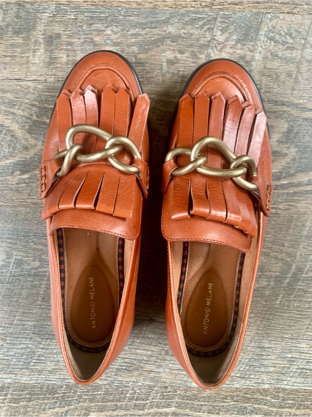 ANTONIO MELANI Light Academia Brown Leather Fringe Loafers with Chain